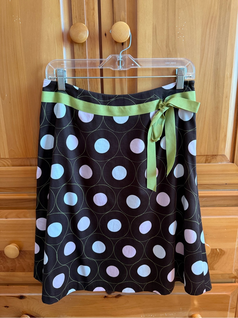 Talbots Brown A-Line Skirt with Pastel Polka Dots and Green Waist Tie